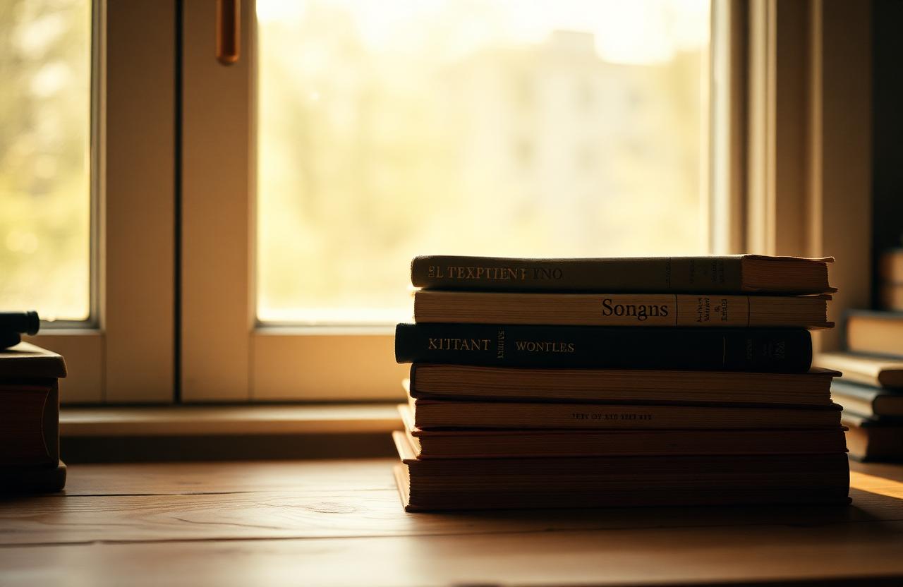 Stack of well-worn hardcover books on a wooden desk by a sunlit window