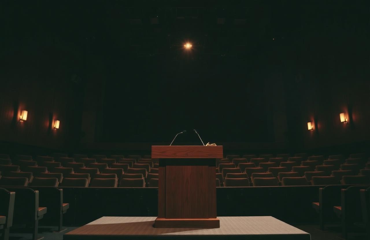Empty wooden debate podium under a single warm spotlight in a dim auditorium