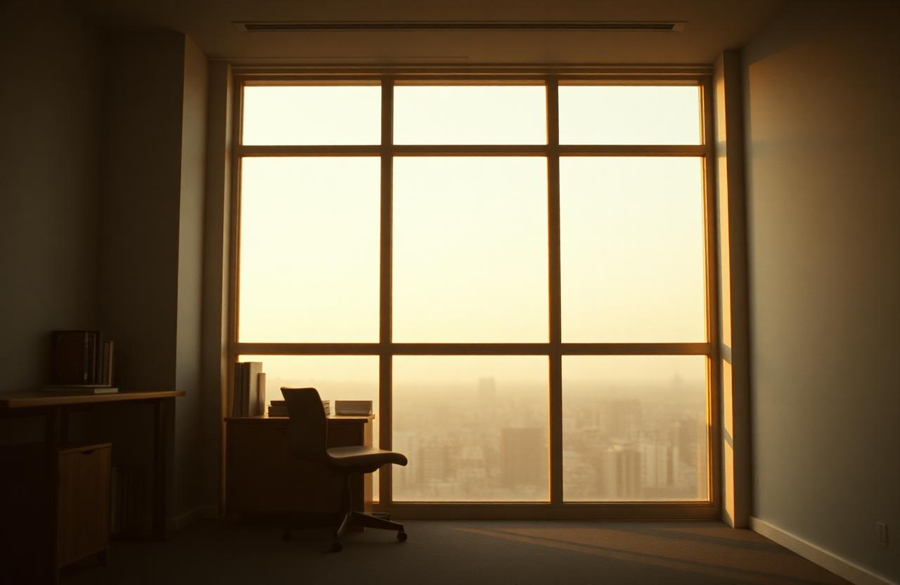 Quiet minimalist study room with a chair by a large window at golden hour
