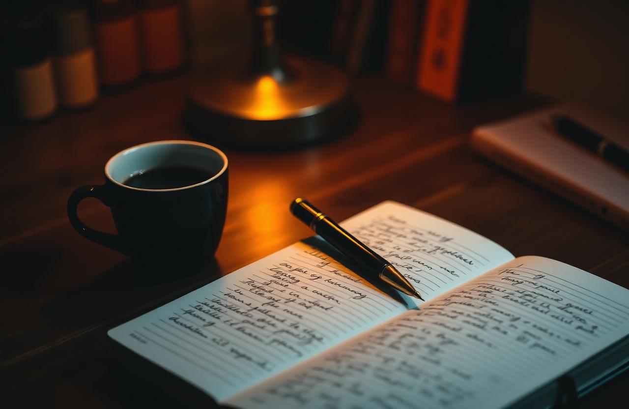 Open notebook with handwriting, fountain pen and cup of coffee under warm lamp light